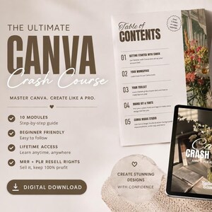 Könnte beinhalten: Eine digitale Produktwerbung für The Ultimate Canva Crash Course mit Inhaltsverzeichnis, zehn Modulen, lebenslangem Zugriff und Wiederverkaufsrechten. Der Text enthält Master Canva, Create Like a Pro und Digital Download.