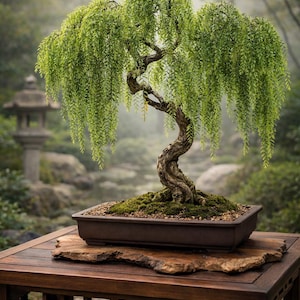 May include: A bonsai tree with a weeping willow style, featuring cascading green foliage and a textured, brown trunk. The tree sits in a rectangular brown pot on a wooden table. The table is made of dark wood and has a natural wood grain.