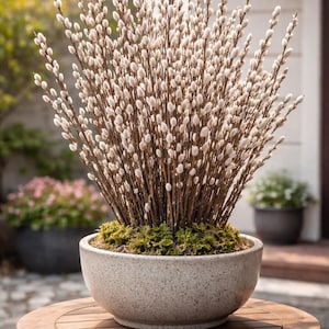 May include: A decorative arrangement of pussy willow branches in a speckled gray ceramic bowl. The branches are brown with white, fluffy catkins. The bowl sits on a round wooden table, with other potted plants in the background.
