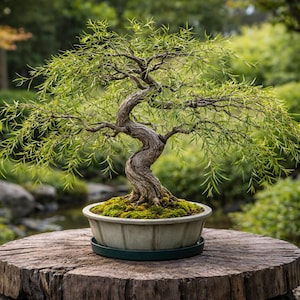 May include: A bonsai tree with a twisted, textured brown trunk and thin, light green leaves. The tree is planted in a round, light-colored ceramic pot filled with green moss, resting on a dark green saucer atop a circular wooden tree stump.
