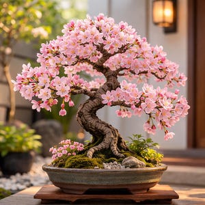 May include: A bonsai tree with a twisted, brown trunk and branches laden with delicate pink blossoms. The tree sits in a ceramic pot filled with moss and small stones, resting on a wooden stand. The background is blurred, suggesting an outdoor setting.