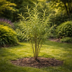 May include: A young, slender tree with long, thin, light green leaves and brown stems. The tree is planted in a bed of dark brown mulch, surrounded by green grass. The background features other green plants and trees, creating a natural garden setting.