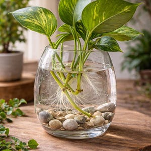 May include: A clear glass vase with a plant in water. The plant has large green leaves with yellow variegation. Small stones are at the bottom of the vase. The vase sits on a wooden surface.