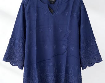 Women's plus size summer top T-shirt, Bohemian chiffon embroidered casual shirt, machine washable