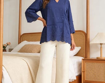 Women's plus size summer top T-shirt, Bohemian chiffon embroidered casual shirt, machine washable