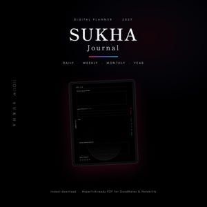 以下が含まれることがあります： 2027年版の黒いデジタルプランナー「SUKHA Journal」。インターフェースには、ダークテーマの日次、週次、月次、年次のセクションが含まれています。テキストには「DIGITAL PLANNER 2027」、「SUKHA Journal」および各セクションのラベルが表示されています。