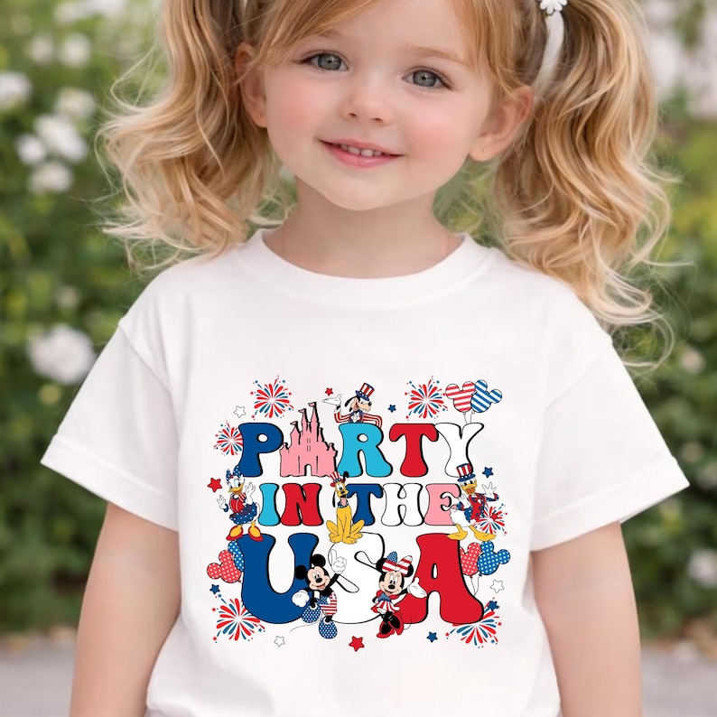 May include: A white short-sleeved t-shirt featuring a colorful graphic print with the text PARTY IN THE USA. The design includes illustrations of Mickey Mouse, Minnie Mouse, Donald Duck, Daisy Duck, Pluto, and Goofy, accented with fireworks and stars.