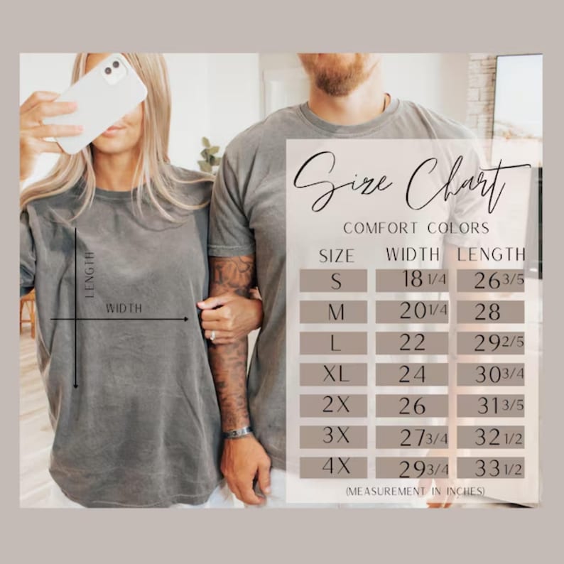 May include: A grey t-shirt size chart with text reading Size Chart Comfort Colors. The table lists sizes S through 4X with corresponding width and length measurements in inches, ranging from 18 1/4 to 29 3/4 inches wide and 26 3/5 to 33 1/2 inches long.