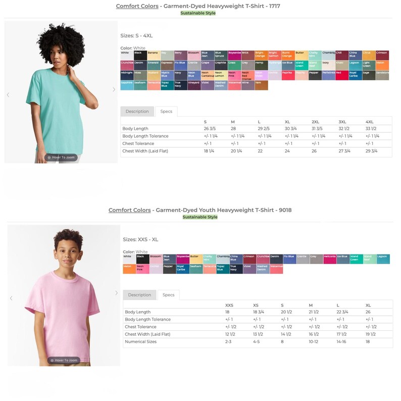 May include: Two Comfort Colors heavyweight t-shirts, one in light blue and one in light pink, displayed with color swatches and size specification charts for adult sizes S-4XL and youth sizes XXS-XL, including body length and chest width measurements.