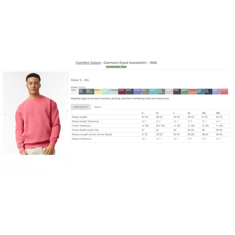 May include: A pink long-sleeve crewneck sweatshirt. The image includes a product specification table for Comfort Colors garment-dyed sweatshirt 1566, listing sizes S through 3XL with measurements in inches for body length, chest width, and sleeve length.
