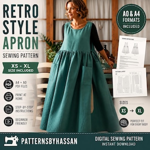 Retro Style Apron Sewing Pattern PDF | Vintage Apron Pattern | DIY Kitchen Apron | A0 A4 Printable Pattern| Step-by-Step Sewing Instructions