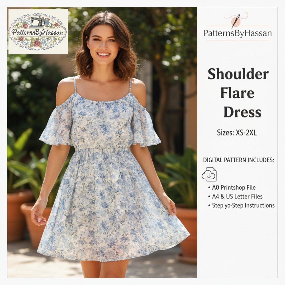 Shoulder Flare Dress Sewing Pattern PDF | Flared Sleeve Dress Pattern ...