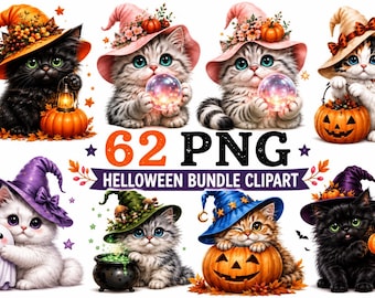 Halloween Cat Clipart Bundle, 62 PNG Witch Cats, Cute Spooky Cat Designs, Pumpkin Cat Clipart, Halloween Sublimation