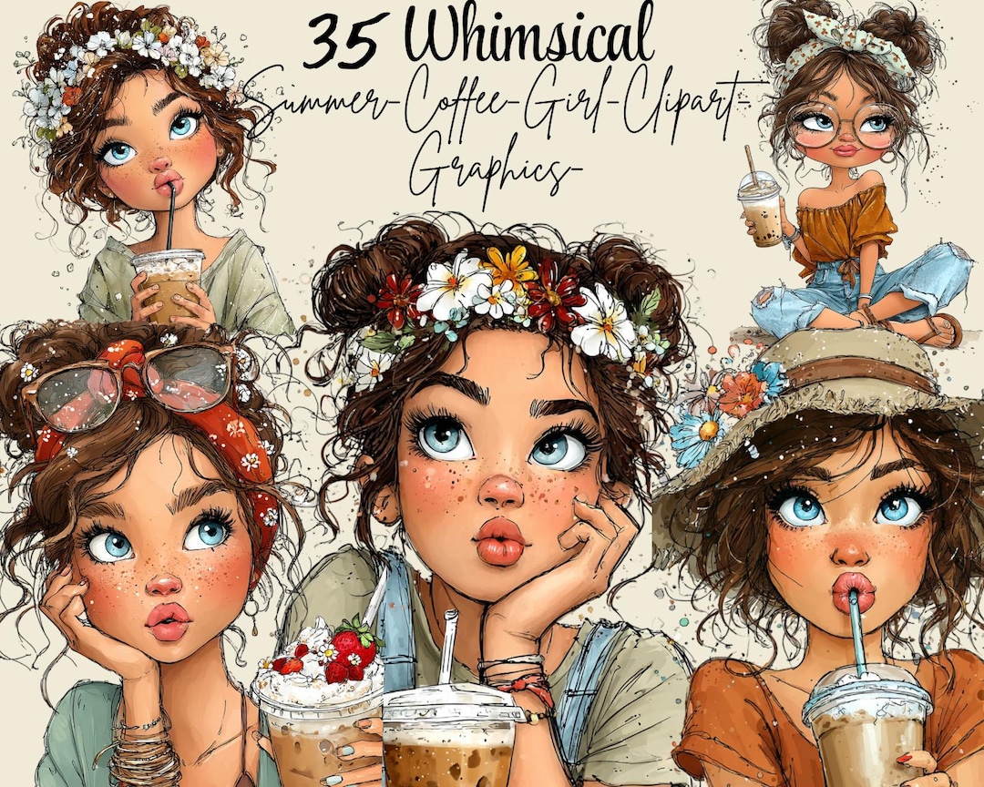 Whimsical Summer Coffee Girl Clipart Bundle – 35PNG Cute Coffee