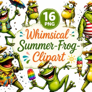 May include: A collection of 16 digital illustrations featuring green frogs in summer attire, including straw hats, sunglasses, and tropical shirts. The frogs are depicted with ice cream, umbrellas, and swimsuits, centered around text reading 16 PNG Whimsical Summer-Frog-Clipart.