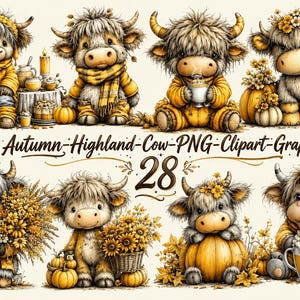 Pacchetto di 28 clipart PNG di mucche delle Highlands autunnali, simpatiche mucche delle Highlands autunnali in formato PNG, clipart di mucche ad acquerello, sublimazione di mucche con zucche, animali autunnali