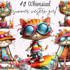 Könnte beinhalten: Fantastische digitale Kunst mit Cartoon-Katzen in sommerlichen Umgebungen. Katzen tragen Sonnenbrillen, Blumenkränze und Hüte, genießen Getränke, lesen und entspannen auf Liegestühlen. Der Text "40 Whimsical summer western girl" steht oben.