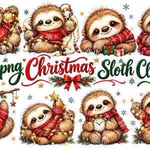 Pode incluir: Uma coleção de ilustrações digitais com bichos-preguiça castanhos a usar camisolas e cachecóis vermelhos com padrões, decorados com luzes de Natal, ornamentos, presentes e flocos de neve, com o texto 40png Christmas Sloth Clipart no centro.