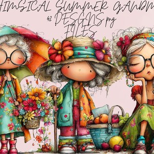 Op de afbeelding: Een grillige illustratie van drie oma's met brillen, elk in kleurrijke outfits. Eén houdt een paraplu vast, een ander een wandelstok en de derde rust met haar kin op haar handen. De afbeelding bevat tekst: "Whimsical Summer Grandma 42 Designs png Files."