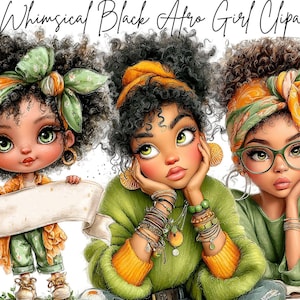 28 PNG Quirky Afro Black Girl Clipart, Söt Afro Whimsical Girl Sublime, Utskrivbar Akvarell, Omedelbar Nedladdning, Digitalt Papperspyssel
