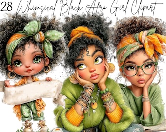 28 PNG Quirky Afro Black Girl Clipart, Cute Afro Whimsical Girl Sublimation, Printable Watercolor, Instant Download, Digital Paper Crafts