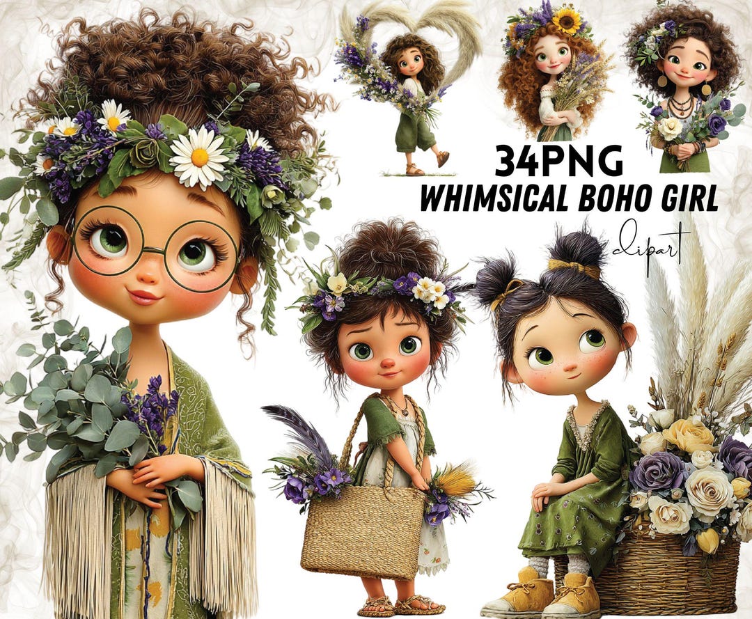 34 PNG Whimsical Boho Girl Clipart Bundle, Cute Bohemian Girl PNG ...
