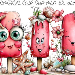 May include: Whimsical illustration of three pink ice pops with smiling faces, large eyes, and starfish accents. The popsicles are on wooden sticks, with a beach theme including seashells and flowers. The text "WHIMSICAL COLD SUMMER ICE BEACH" is at the top.