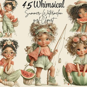 Könnte beinhalten: Digitales Clipart mit skurrilen Illustrationen von Mädchen mit lockigem Haar, gekleidet in Sommeroutfits. Die Bilder zeigen Mädchen mit Wassermelonen, Angelruten und Sonnenbrillen. Der Text oben lautet "45 Whimsical Summer-Watermelon girl-Clipart."