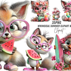 Op de afbeelding: Een verzameling grillige zomerclipart met cartoonvossen en vogels. De personages dragen zonnebrillen en bloemenkransen, en houden watermeloen en surfplanken vast. De afbeelding bevat de tekst "35PNG WHIMSICAL SUMMER CLIPART BUNDLE Clipart."