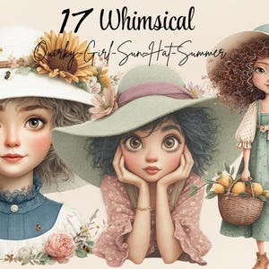 Op de afbeelding: Digitale illustratie van drie meisjes met zonnehoeden, versierd met bloemen en linten. De tekst "17 Whimsical Quirky Girl Sun Hat Summer" is zichtbaar. Thema: zomer en grillig.