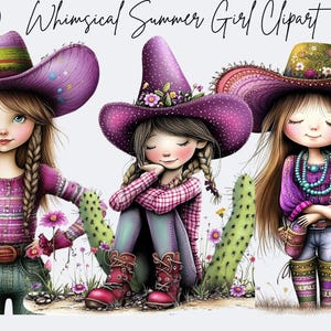 Puede incluir: Clipart digital con tres chicas caprichosas con atuendos de verano. Cada chica lleva un sombrero, incluyendo un sombrero de vaquero y sombreros de bruja. Las chicas están rodeadas de flores y cactus, con el texto "40 Whimsical Summer Girl Clipart" en la parte superior.