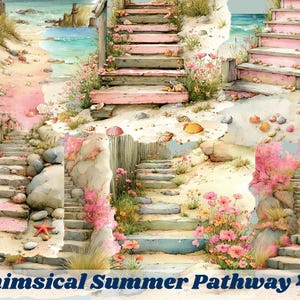Puede incluir: Ilustración en acuarela de varias escaleras que conducen a una playa. Las escaleras son de madera y piedra, con detalles en rosa y rodeadas de flores y conchas marinas. El texto "Whimsical Summer Pathway 40" está en la parte inferior.