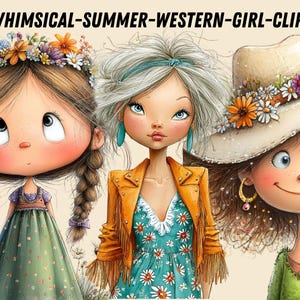 Op de afbeelding: Digitale illustratie met drie grillige meisjes. De meisjes dragen bloemenkransen, hoeden en jurken. De tekst "21 WHIMSICAL-SUMMER-WESTERN-GIRL-CLIPART" staat bovenaan. Het kleurenpalet omvat groen, oranje en blauw.