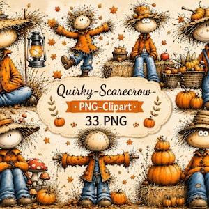 May include: A collection of digital illustrations featuring scarecrows in orange shirts and blue jeans, pumpkins, hay bales, and mushrooms. The central text reads "Quirky-Scarecrow- PNG-Clipart 33 PNG" surrounded by autumn leaves and small pumpkin icons.