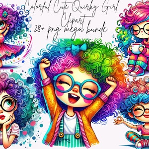 Puede incluir: Una colección de ilustraciones digitales coloridas de chicas extravagantes con cabello rizado vibrante de arcoíris, gafas y varios atuendos. Las imágenes incluyen texto que dice "Colorful Cute Quirky Girl Clipart Bundle" y "28+ png mega bundle."