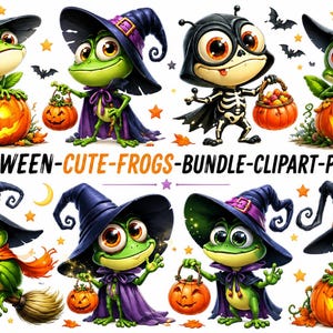 May include: A digital collection of Halloween-themed illustrations featuring green frogs wearing purple witch hats and capes, some sitting on glowing orange jack-o'-lanterns or holding small pumpkins. Text reads HALOWEEN-CUTE-FROGS-BUNDLE-CLIPART-PNG-20.