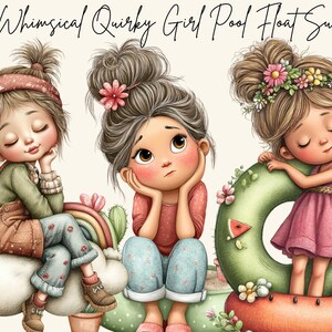 Op de afbeelding: Illustratie van drie grillige meisjes met gesloten ogen. De meisjes zitten op een wolk, een watermeloen en een zwemband. De afbeelding bevat de tekst "43 Whimsical Quirky Girl Pool Float Summer".