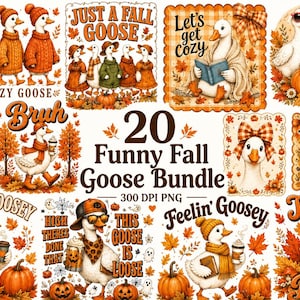 May include: A digital collection of 20 Funny Fall Goose Bundle 300 DPI PNG graphics featuring geese in autumn attire, pumpkins, and fall foliage. Designs include text such as Just A Fall Goose, Let's get cozy, Meet Me At The Pumpkin Patch, and Bruh.