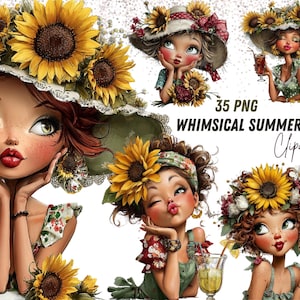 Puede incluir: Clipart digital con chicas de verano caprichosas adornadas con girasoles y detalles florales. La imagen incluye ilustraciones de chicas con sombreros y diademas florales, con el texto "35 PNG WHIMSICAL SUMMER GIRL Clipart".
