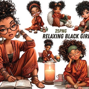 Puede incluir: Ilustraciones digitales de mujeres negras en poses relajantes, vestidas con batas y pijamas naranjas, con gafas. Las imágenes incluyen velas, libros y el texto "25PNG RELAXING BLACK GIRL".