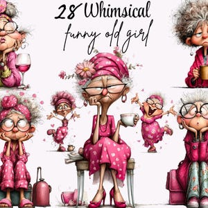 Peut inclure: Plusieurs illustrations fantaisistes d'une vieille femme dans diverses poses. La femme porte des lunettes et des vêtements roses. Le texte "28 Whimsical funny old girl" est affiché en haut de l'image.