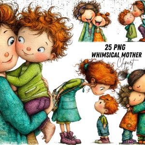 Op de afbeelding: Waterverfillustraties van moeders en kinderen in verschillende poses. De afbeeldingen hebben zachte kleuren, met de tekst "25 PNG WHIMSICAL MOTHER Clipart". De kinderen hebben rood haar en dragen groene en oranje kleding.