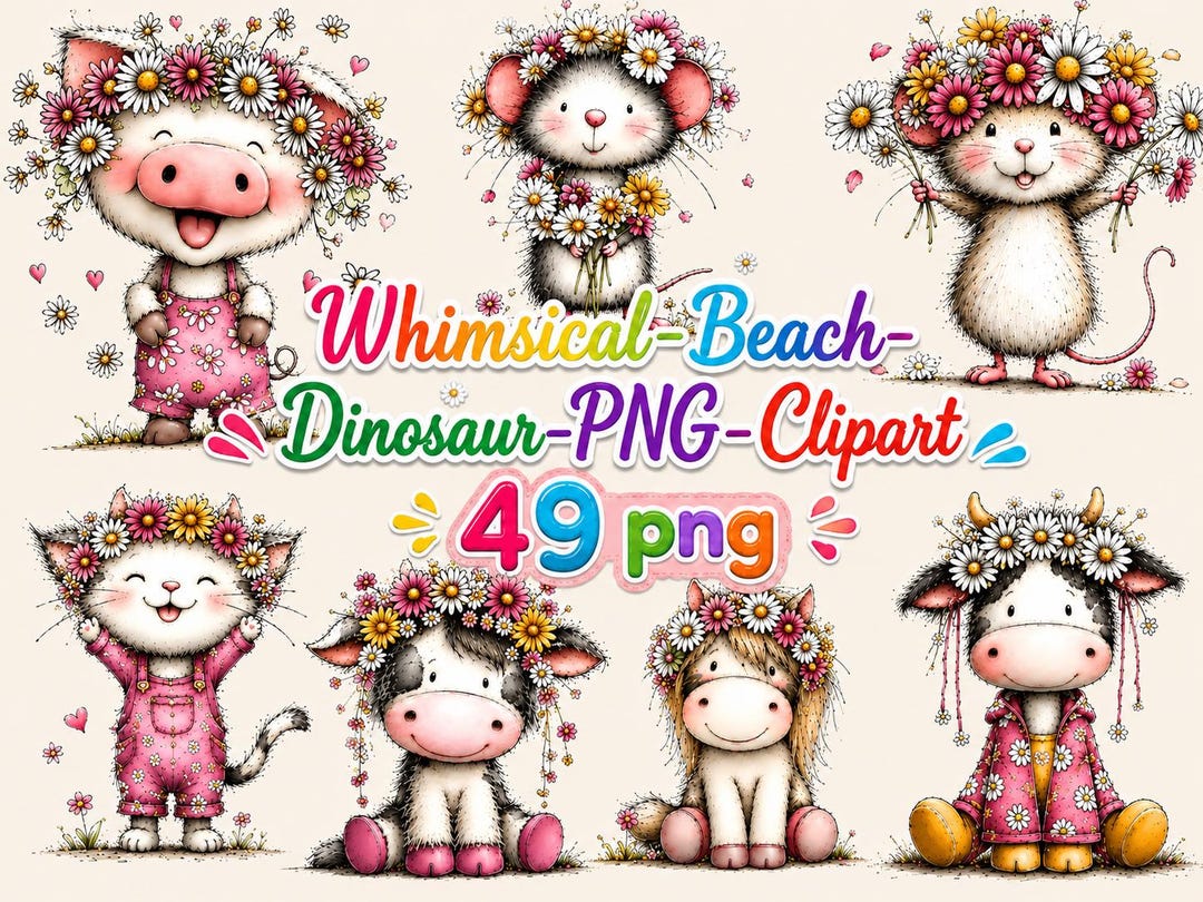49 Whimsical Farm Animals PNG Bundle, Cute Floral Animal Clipart ...
