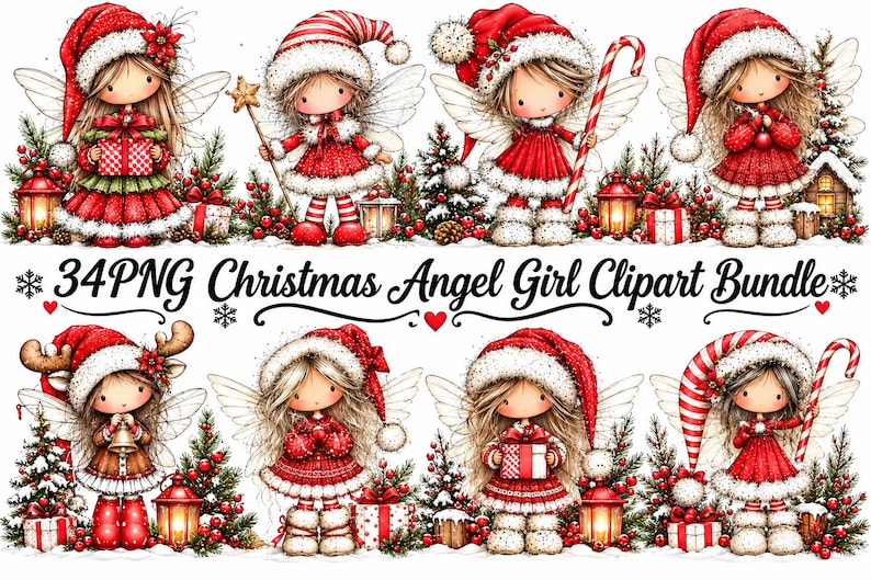 Christmas Angel Girl Clipart Bundle, 34 PNG Christmas Angels, Whimsical ...