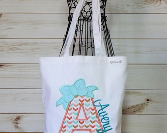 Girls Monogrammed Canvas Tote Bag with Appliqued Bow and Name