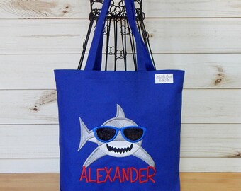 Boys Shark Sunglasses Applique Personalized Tote Bag – Beach Library Preschool Bag