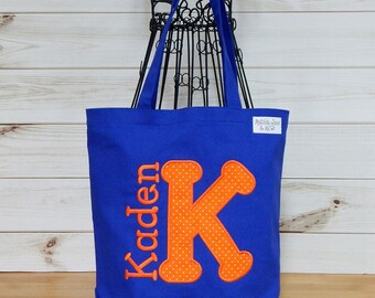 Personalized Cotton Canvas Tote Bag: Appliqued Letter Name Kids Library Bag