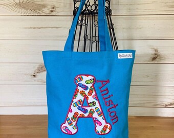Personalized Monogrammed Canvas Tote Bag: Appliqued Letter, Embroidered Name, Kids Library Bag