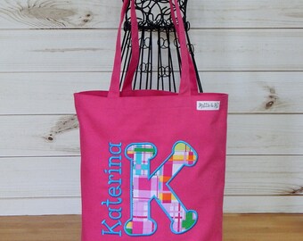 Pre-School Bag-Girls Monogrammed Cotton Canvas Tote Bag Appliqued Letter and Embroidered Name Bag-Kids Library Tote Pre-School Bag