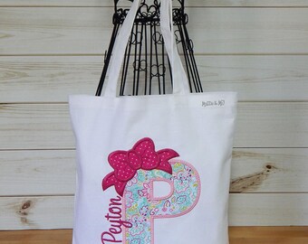 Girls Monogrammed Tote Bag: Appliqued Bow, Embroidered Name, School Library Bag